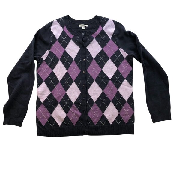 Croft & Barrow Womens Cardigan Sweater Medium Argyle Pattern Crew Neck Casual - Picture 1 of 8